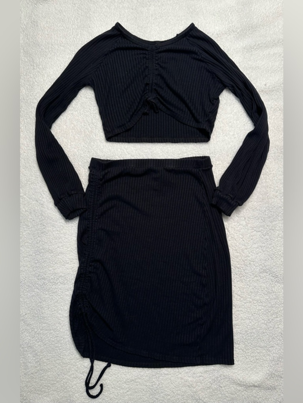 Black Ribbed Drawstring Midi Skirt Set - Long Sleeve Crop Top & Skirt